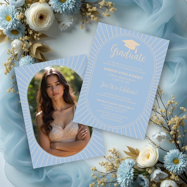 Washed Blue Elegantly Vintage Oval-Shape Graduate  Invitation (Delicious and Decadent Washed Blue Elegantly Vintage Oval-Shape Graduate Cap Party Invitations Cards)