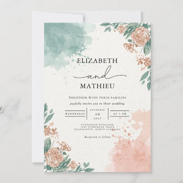Washed Coral & Teal Floral Arch Wedding Invitation (Front)