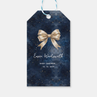 Washed Navy Blue Night Sky Golden Bow Baby Shower Gift Tags