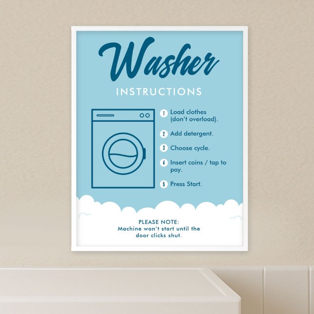 Washer Instructions Modern Laundromat Sign Poster (Fully editable blue and white laundromat washer instructions poster template)