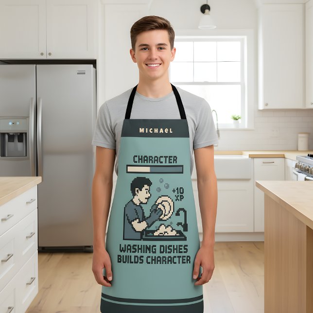 Washing Dishes Builds Character Gamer Funny Apron (Level up your life skills with this hilarious gamer-themed apron.)