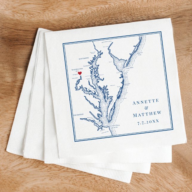 Washington DC Elegant Navy Blue Map Wedding Napkin (These Washington DC map custom wedding napkins are perfect for your DC destination wedding)