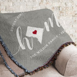 Washington DC Home Town Personalized Throw Blanket<br><div class="desc">Show some hometown pride with this cute rustic gray throw blanket featuring "home" in white calligraphy script lettering with a silhouette map of Washington DC standing in for the letter "O." A red heart illustration inside the state map completes the design; you can change the position of the heart to...</div>