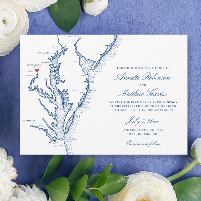 Washington DC Map Elegant Navy Wedding Invitation (Washington DC Map Wedding invitation with elegant navy blue Chesapeake Bay by Coastal Map Designs)