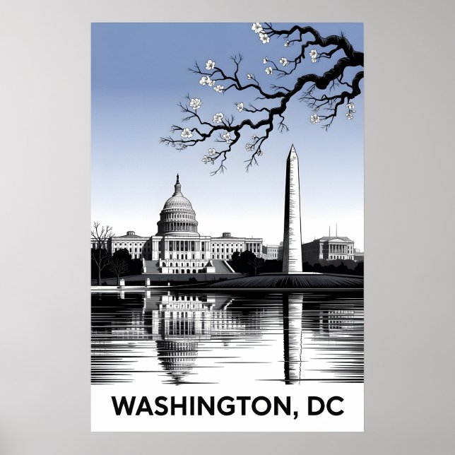 Washington DC Skyline Black White Woodcut Poster (Front)