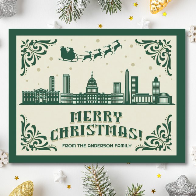 Washington, DC Skyline Christmas Holiday Postcard (Washington, DC skyline christmas card green modern merry christmas postcard with custom details)