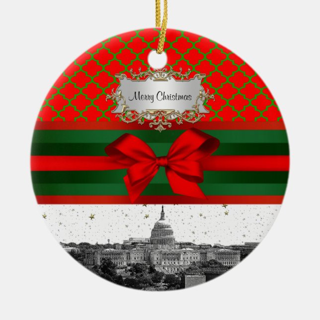 Washington DC Skyline Red Green Quatrefoil BG Xmas Ceramic Tree Decoration (Front)