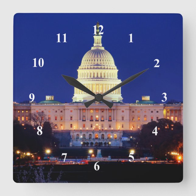 Washington DC United States Capitol at Dusk Square Wall Clock (Front)