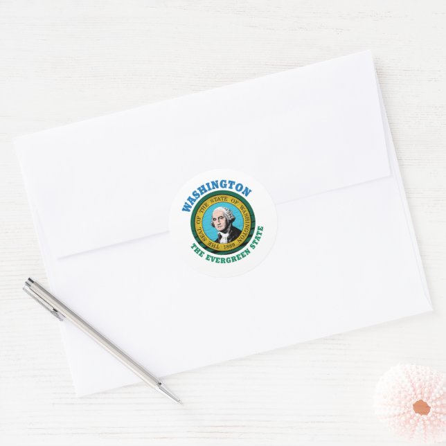 WASHINGTON EVERGREEN STATE FLAG CLASSIC ROUND STICKER (Envelope)