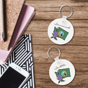 Washington Flag & Flower Rhododendron Custom Text Key Ring
