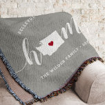 Washington Home State Personalised Rustic Throw Blanket<br><div class="desc">Show some home state pride with this cute rustic grey throw blanket featuring "home" in white calligraphy script lettering with a silhouette map of the state of Washington standing in for the letter "O." A red heart illustration inside the state map completes the design; you can change the position of...</div>