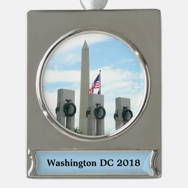 Washington Monument and WWII Memorial in DC Silver Plated Banner Ornament (Front)