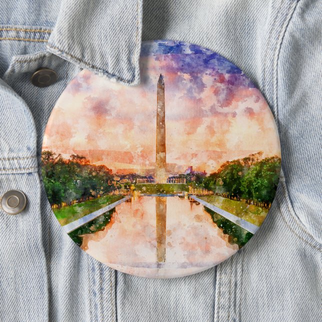 Washington Monument watercolor during sunset 6 Cm Round Badge (In Situ)