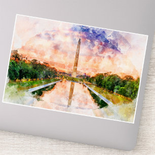 Washington Monument Watercolor Sunset Reflection