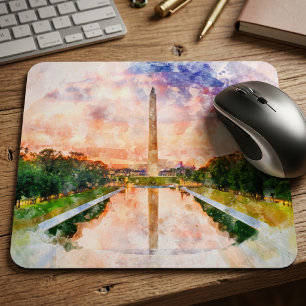 Washington Monument Watercolor Sunset Reflection Mouse Pad