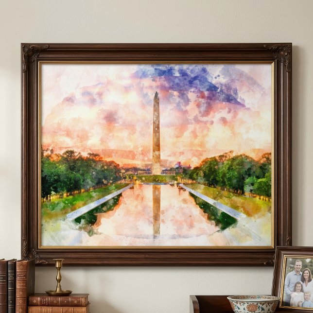 Washington Monument Watercolor Sunset Reflection Photo Print (Washington Monument Watercolor Sunset Reflection. Photo Print)