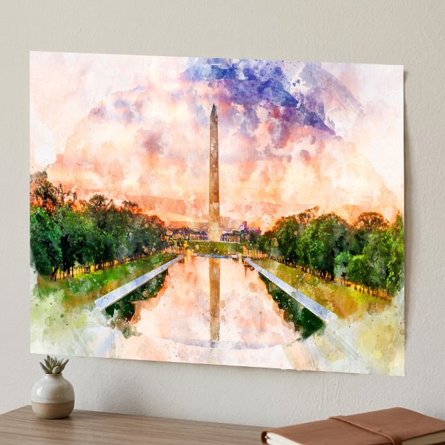 Washington Monument Watercolor Sunset Reflection Poster (Washington Monument Watercolor Sunset Reflection. Poster)
