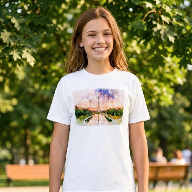 Washington Monument Watercolor Sunset Reflection T-Shirt (Washington Monument Watercolor Sunset Reflection. Girl Basic White T-Shirt)