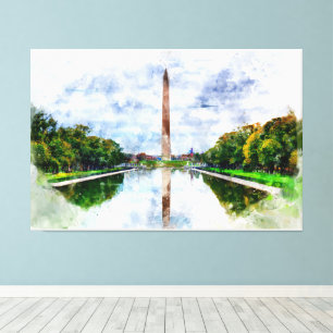 Washington Monument watercolor with reflection Canvas Print