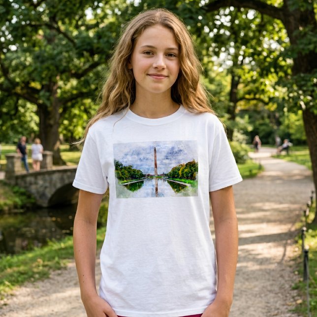 Washington Monument Watercolor with Reflection T-Shirt (Washington Monument Watercolor with Reflection. Girl Basic White T-Shirt)