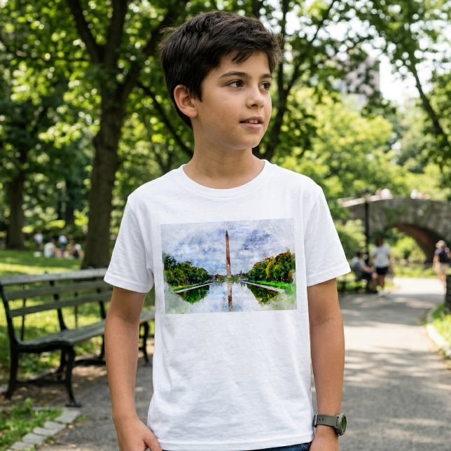 Washington Monument Watercolor with Reflection T-Shirt (Washington Monument Watercolor with Reflection. Boy Basic White T-Shirt)