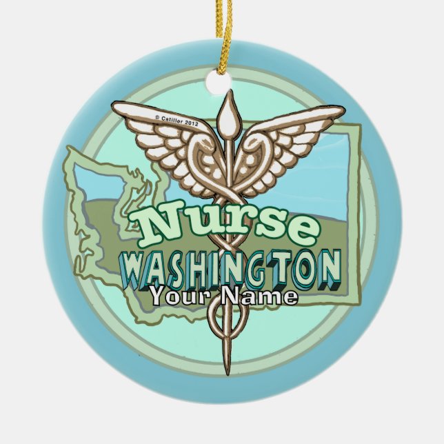 Washington Nurse Caduceus Ceramic Tree Decoration (Front)