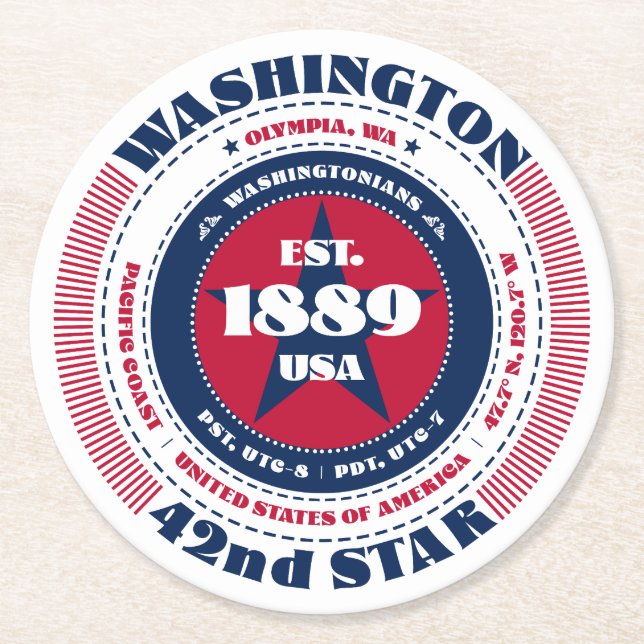 Washington Red White Blue Typography Round Paper Coaster (Front)
