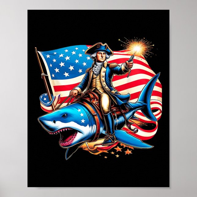 Washington Riding Shark Funny July 4th American Fl Poster (Front)