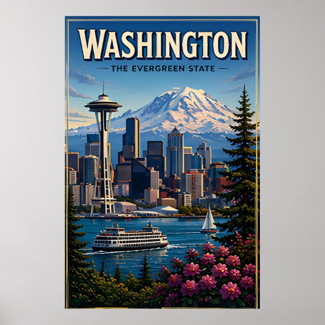 Washington Seattle Skyline Mountain Waterfront Poster (Front)