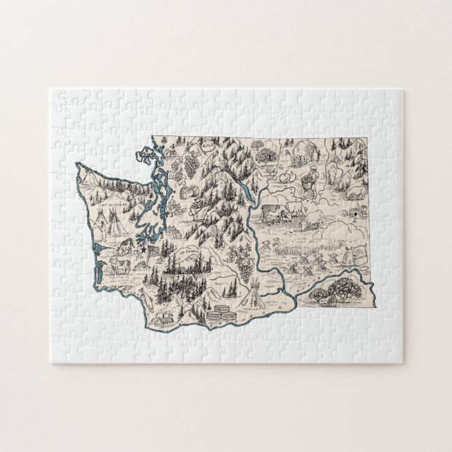 Washington Shaped Vintage Evergreen Picture Map Jigsaw Puzzle (Horizontal)