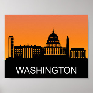 Washington silhouette, summer sunset illustration poster