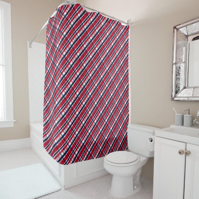Washington Sports Fan Red White Blue Plaid Shower Curtain (In Situ)