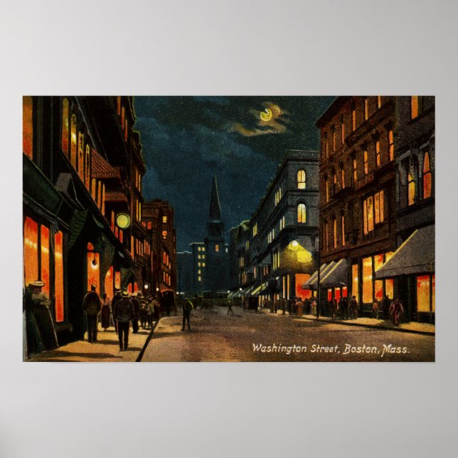 Washington St Boston MA at Night Poster (Front)