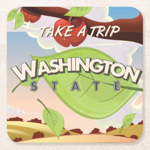 Washington State Apple tree Travel Poster Cartoon. Square Paper Coaster