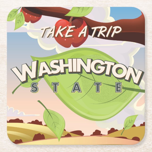 Washington State Apple tree Travel Poster Cartoon. Square Paper Coaster (Front)