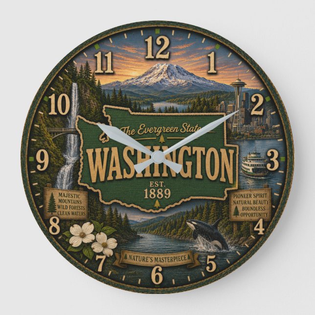 Washington State Evergreen Pacific Northwest Gift Large Clock (Front)