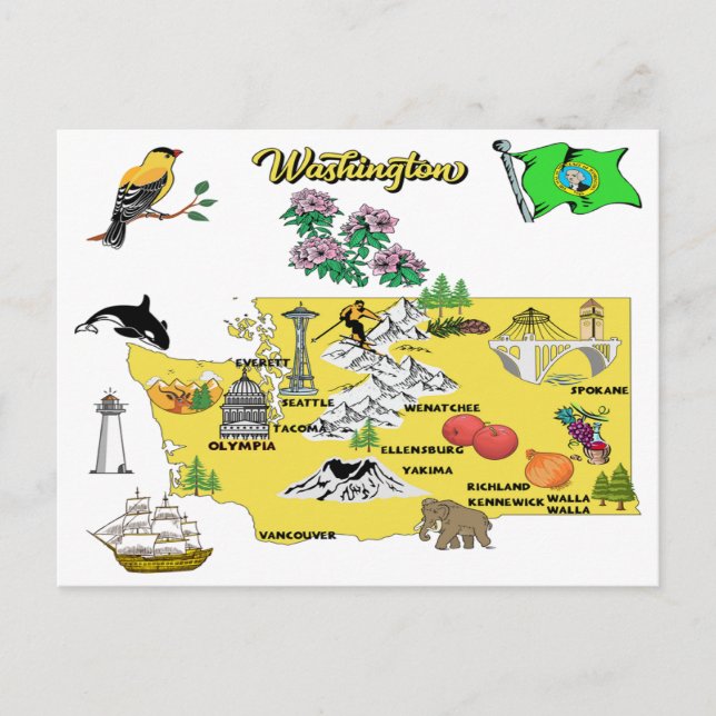Washington state Map with Tourist Destinations Postcard (Front)