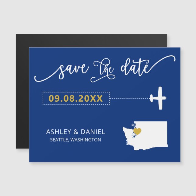 Washington State Wedding Save the Date Card, Map Magnetic Invitation (Front/Back)