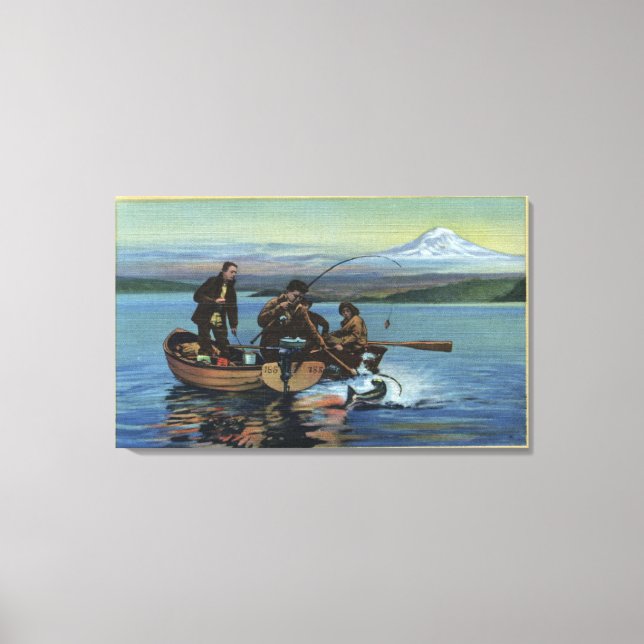 Washington - View of Fishermen Catching a Salmon Canvas Print (Front)