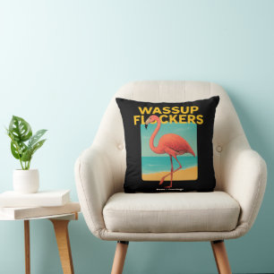 Wassup Flockers Funny Flamingo Retro Beach Quote Cushion