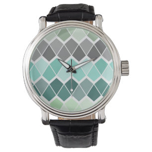 Watch - Blue, Grey Green & White Geometric Pattern