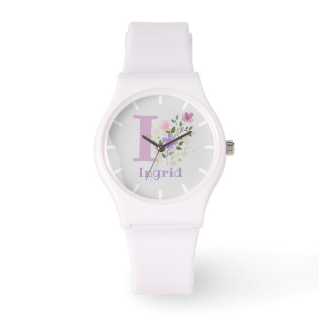 Watch in Floral Design with Name Ingrid & Initial (Front)