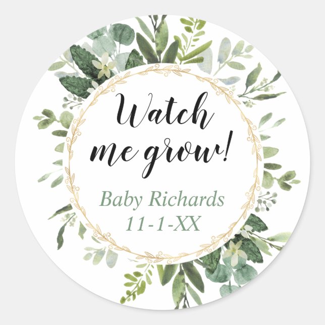 Watch me grow greenery gold eucalyptus baby shower classic round sticker (Front)
