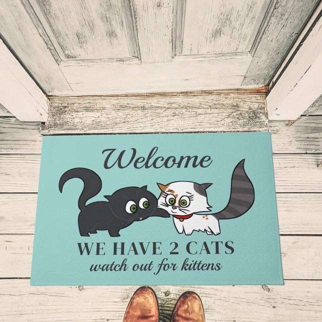 Watch out for Kittens Teal Funny Cat Doormat (Watch out for the kittens! Purrfect doormat for a two cat family)