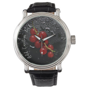 Watch with Red Berry Pattern Black Background