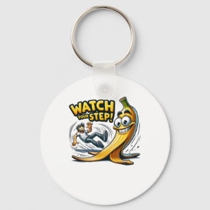 Watch Your Step - Funny Cartoon Banana Peel Slapst Key Ring