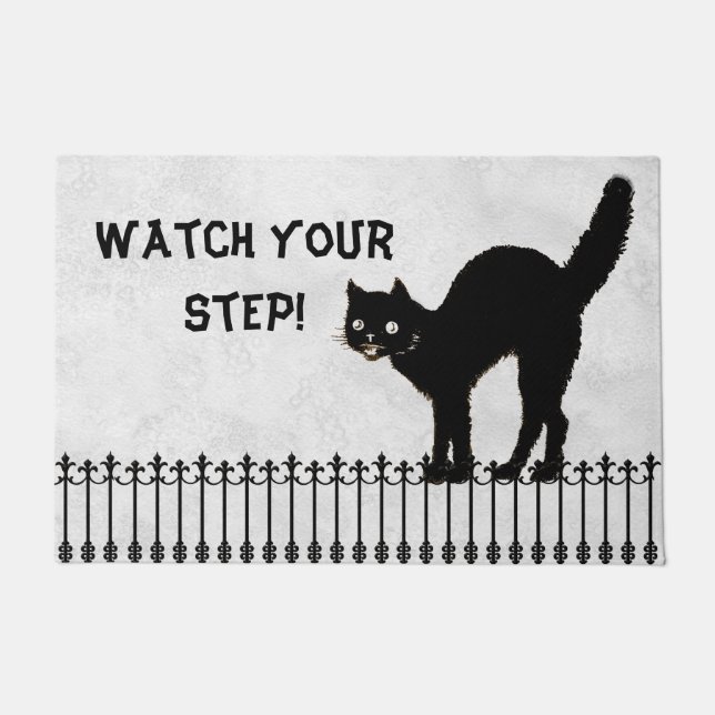 "Watch your step" Halloween Black Cat Silhouette Doormat (Front)