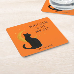Watcher of the Night – Halloween Black Cat Square Paper Coaster