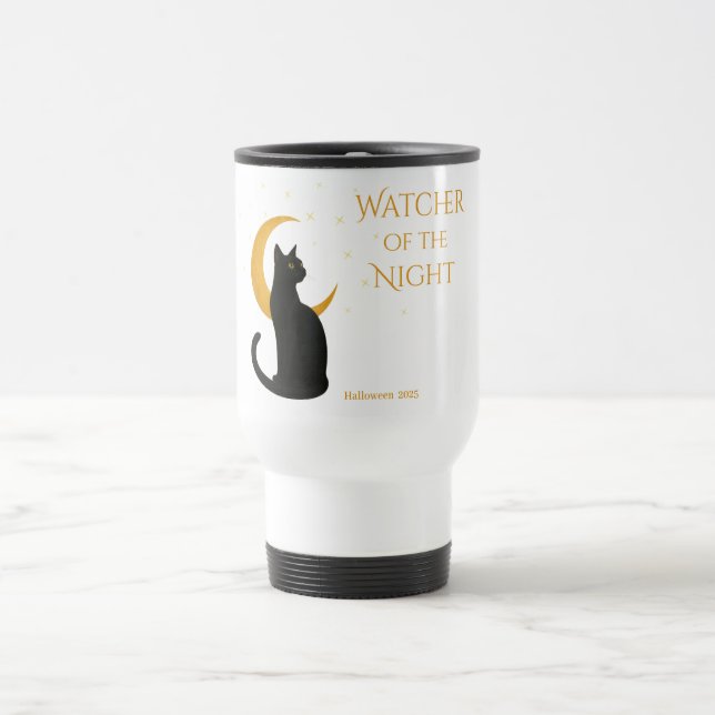 Watcher of the Night – Halloween Black Cat Travel Mug (Center)