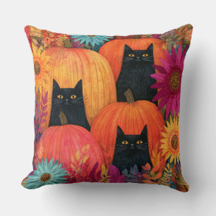 Watchful Black Cat Autumn Pumpkin Patch Cushion